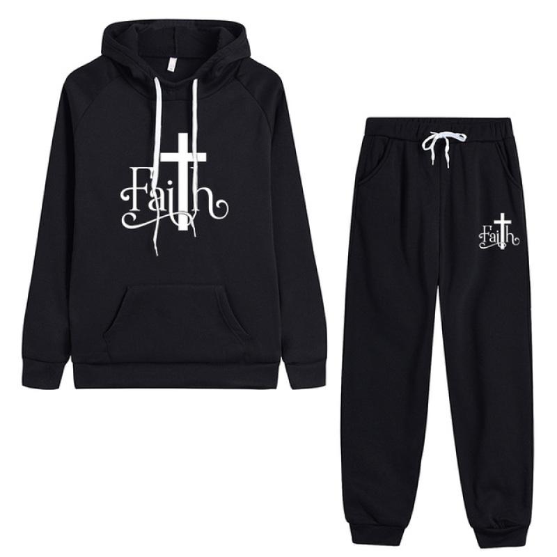 Jesus Crucifix Faith Printed Pant Sets Women Hoodie Sweatpants Solid Color Tracksuit Ladies Daily Casual Sport Jogging Suit