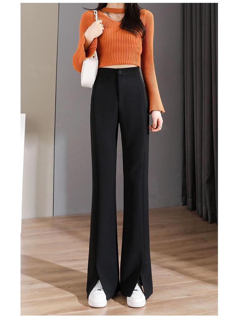 2026 Women's High-Waisted Flowing Black Micro-Flare Wide-Leg Trousers with Slit