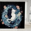Черно-белая кошка Шторка для душа, Японское искусство укиё-э Шторка для ванной, Детская подростковая взрослая Мультяшное животное Водонепроницаемые ткани Винтаж