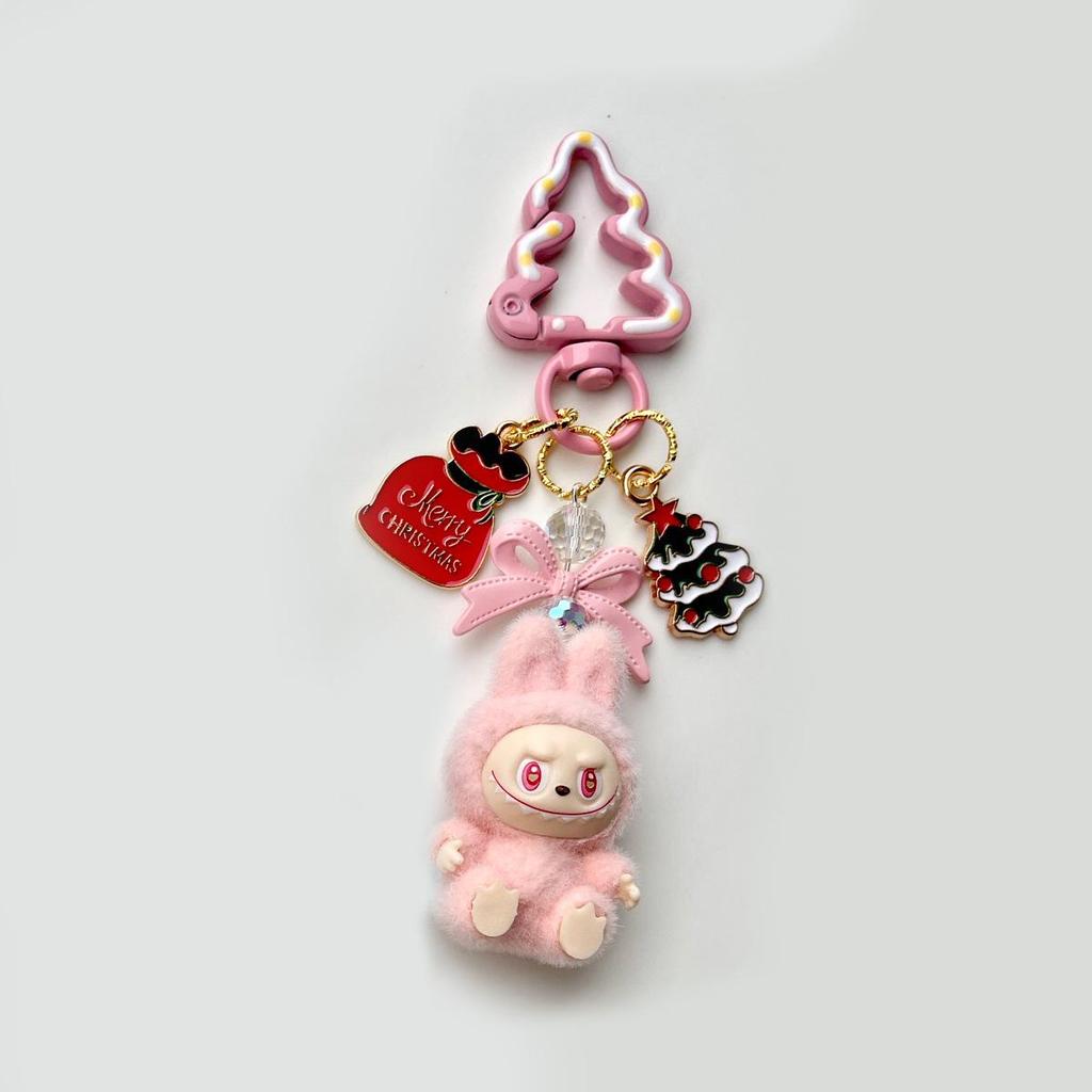 Flocked Labu Labubu Mini Keychain: Cute Grain Stroller Bag & Phone Pendant Ornament