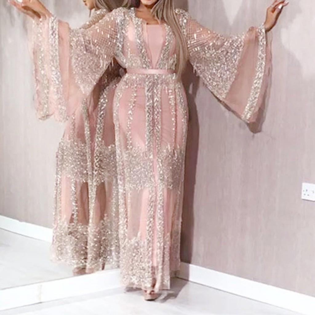 Женский сетчатый костюм с длинными рукавами и блестками, длинное платье из двух частей
