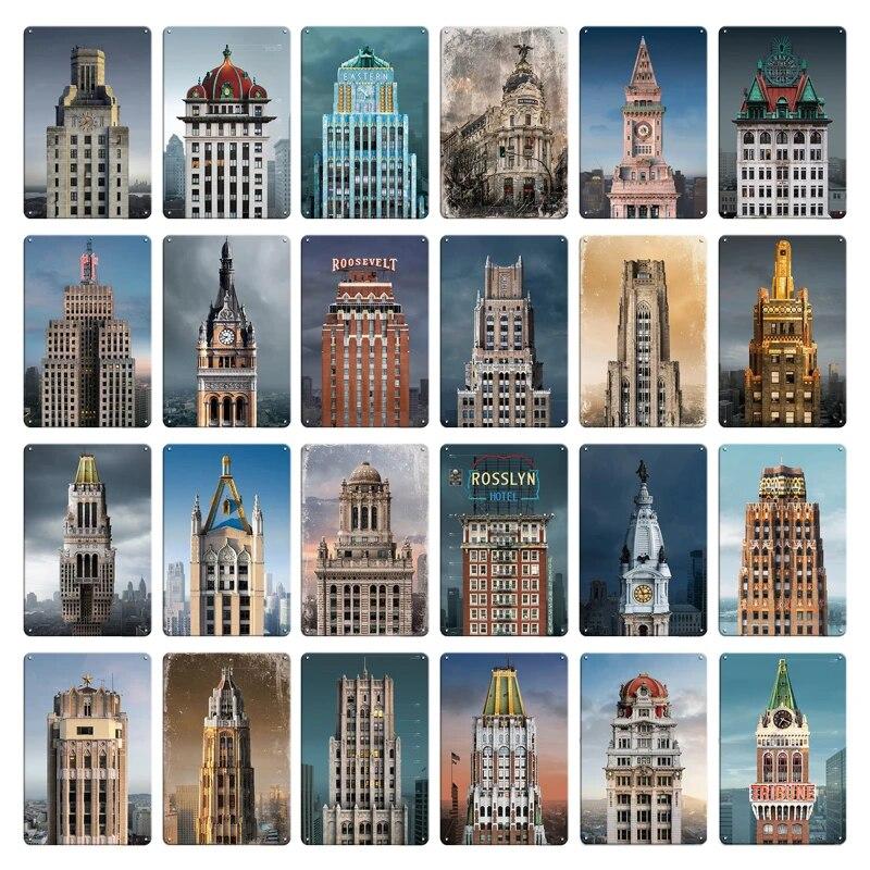 Beautiful City Landmarks Retro Posters Paris Dubai Building View Metal Tin Sign Living Room Bedroom Home Decorative Art Painting