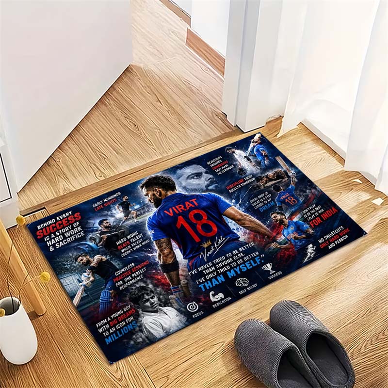 Virat Kohli Cricket Star Collage Print Doormat Non‑Slip Entrance Floor Mat Sports Fan Home Hallway Decor