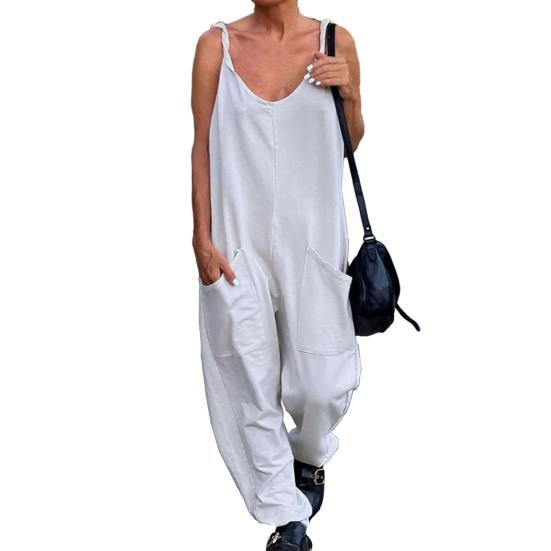 Женский комбинезон без рукавов с v-образным вырезом, большими карманами, широкими штанинами, тонкий комбинезон, комбинезон, уличная одежда