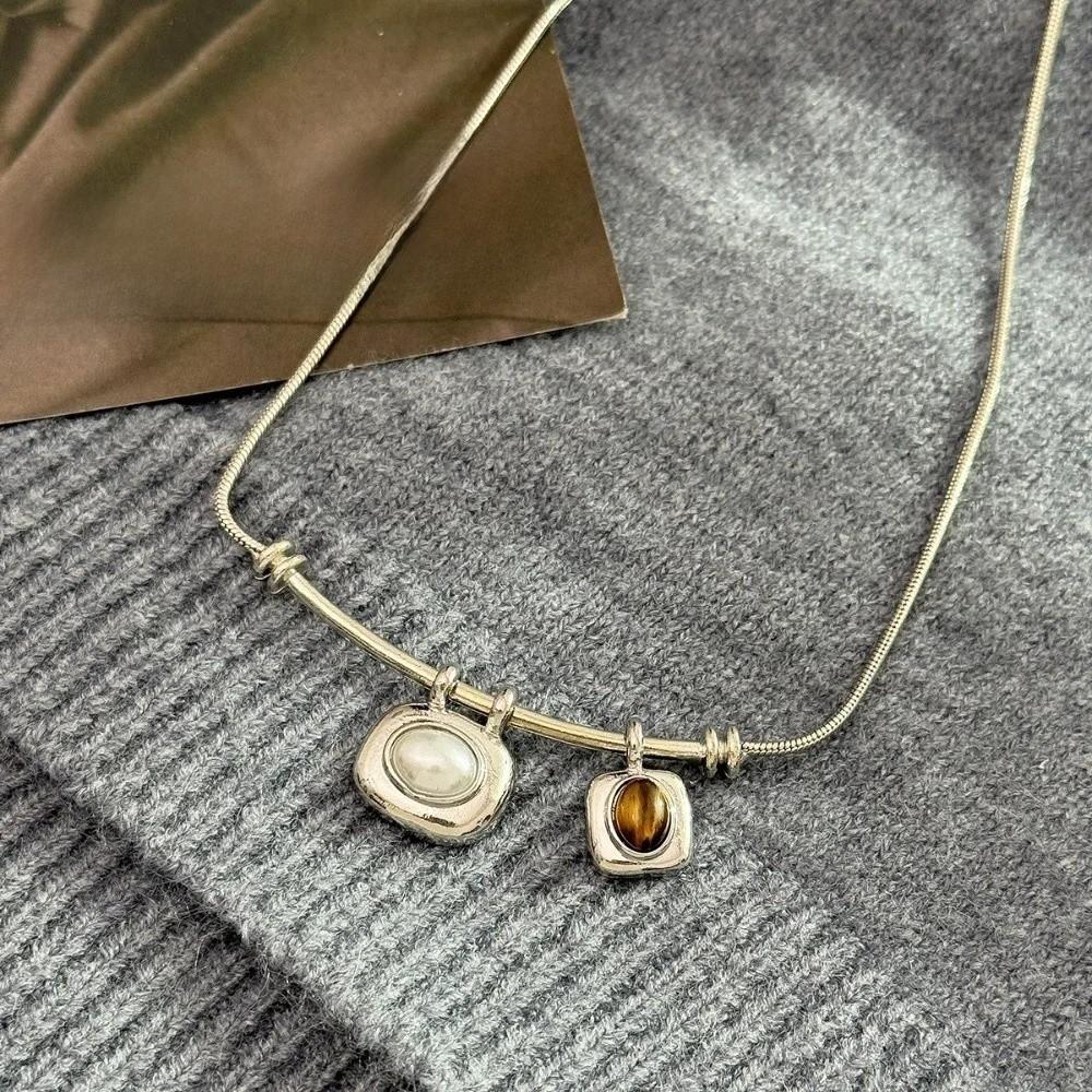 Imitation Pearl Tigereye Stone Pendant Necklaces Geometric Collarbone Necklace  Women