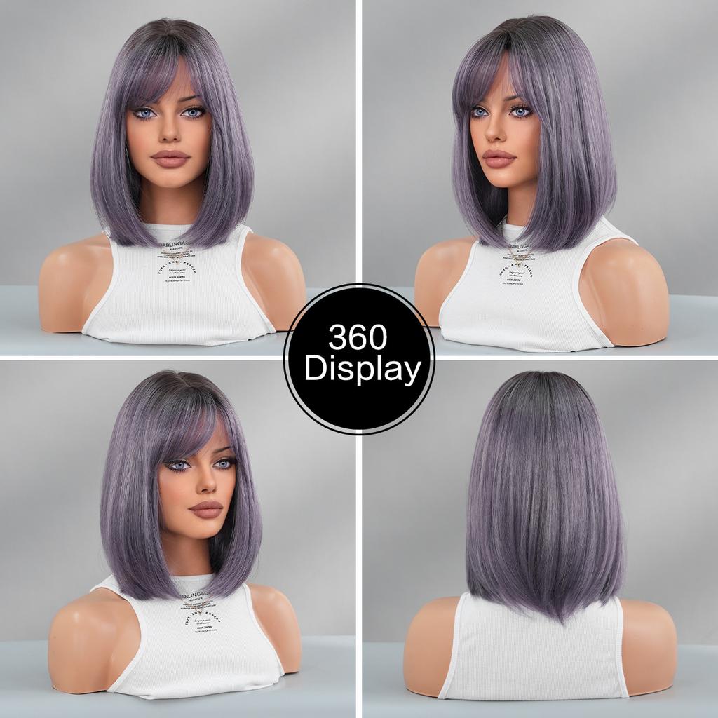 2025 New Gradient Gray Purple Short Straight Wig for Women - Side Bangs Bob Wig Synthetic Machine Made Full Cap, 4 Colors Available