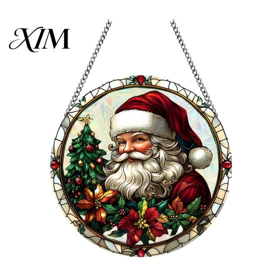 Durable Acrylic Holiday Signage Christmas 2D Hanging Ornaments, Stained Glass Style Snowman Santa Snowflake Colorful Window Decorations Hanger