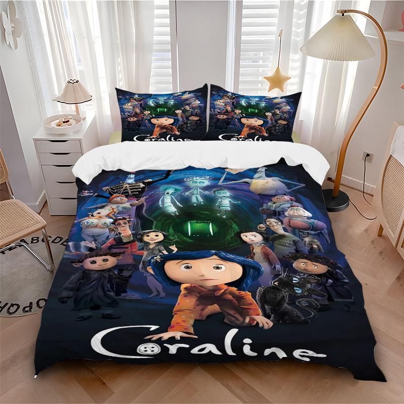 3Pcs Coraline'S Magical Adventure Bedding Set Soft Fabric Duvet Cover Pillowcases Christmas Xmas Halloween Gift 1 Duvet Cover 2 Pillowcase L1329