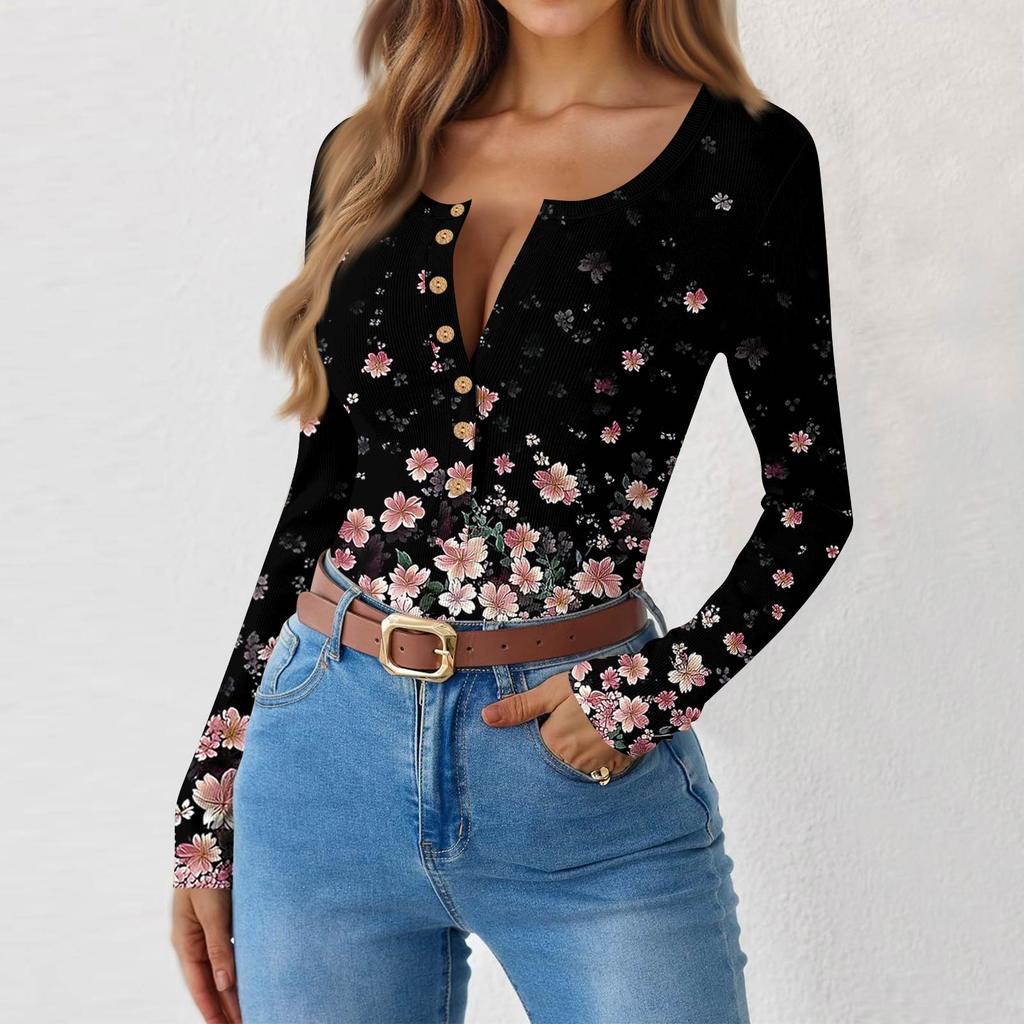 Women's Slim Bottom T-shirt Fashion Casual Gradient Printing Round Neck Pullover Long Sleeve Top