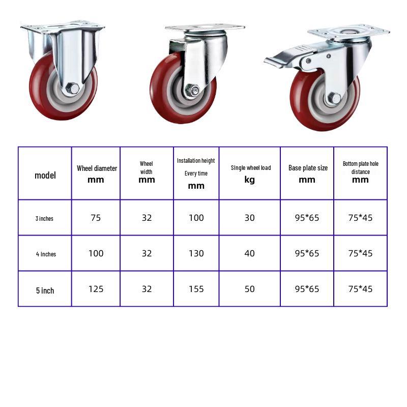 Medium Duty Swivel Casters with Brake, 3", 4", 5" In Jujube Red for Industrial Trailers