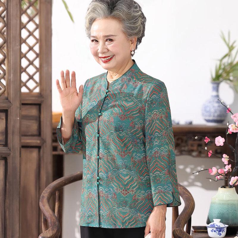 Elderly Women's Chinese Style 3/4 Sleeve Cardigan Shirt