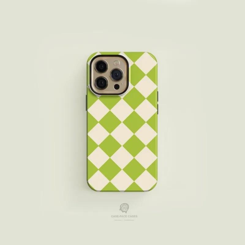 luxury Clmj Diamond Checkered Green Phone Case for iPhone 16 15 14 13 12 11 Pro Max Plus Magnetic Double-layer Back Cover