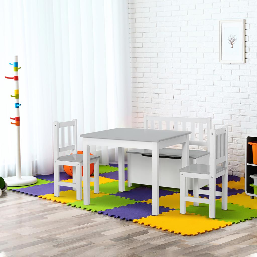 4-Piece Kids Table and Chair Set with 2 Wooden Chairs, 1 Storage Bench, and Interesting Modern Design, Grey/White