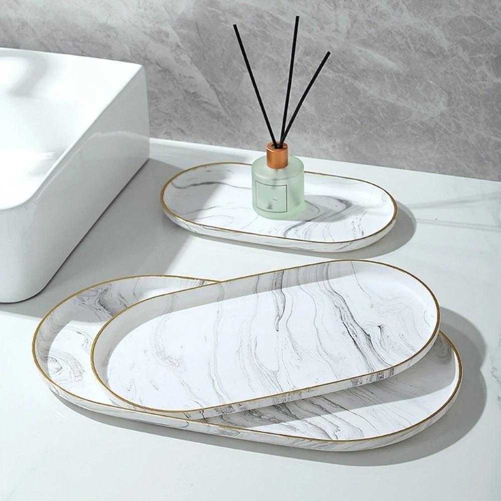 Gold Border Marble Oval Disk Marble Texture Jewelry Display Plate Oval Dish Home Decor