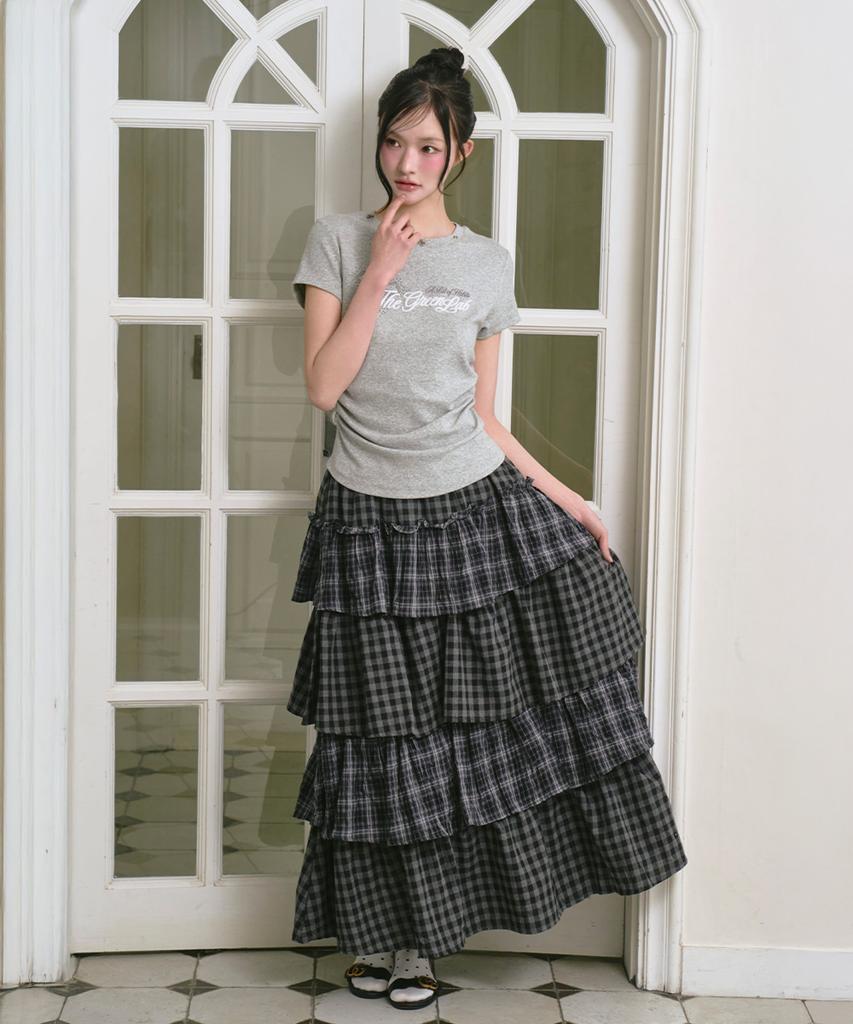 The Green Lab Tiered Long Skirt With Cancan Check [Charcoal Gray Check]