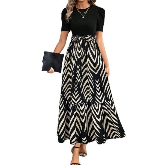 Летнее платье с круглым вырезом, коротким рукавом, высокой талией, длинное платье с принтом листьев и струящимся подолом, повседневная одежда