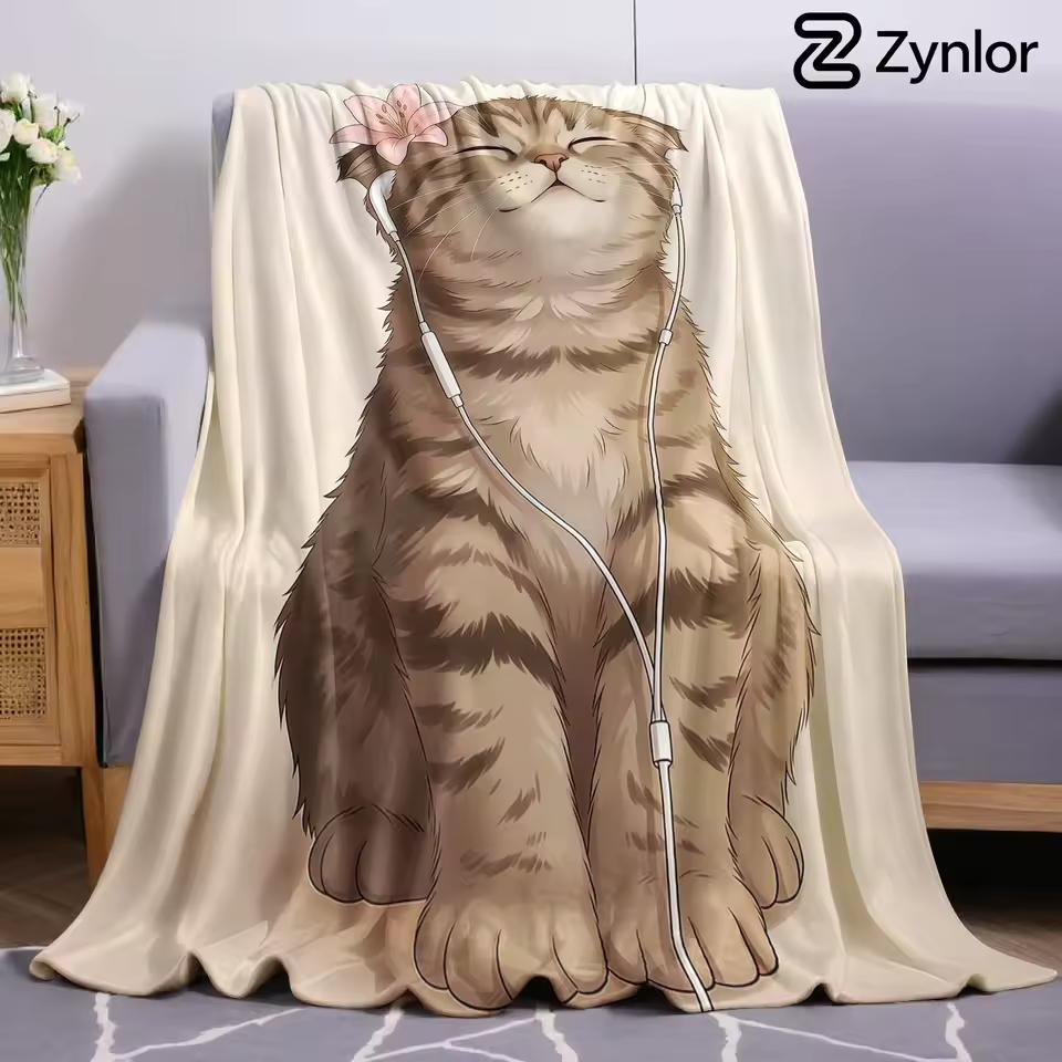 Earphone Flower Cat Cartoon Anime Print Flannel Blanket Soft Warm Throw for Kids Bedroom Sofa Bed Christmas Office Car