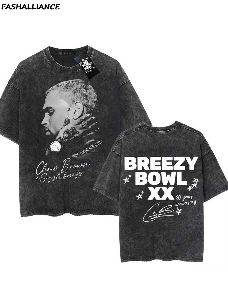 Chris Brown Tag Tshirt Breezy Bowl XX Tour Oversized T shirt Washed Vintage Cotton Hiphop Streetwear CB