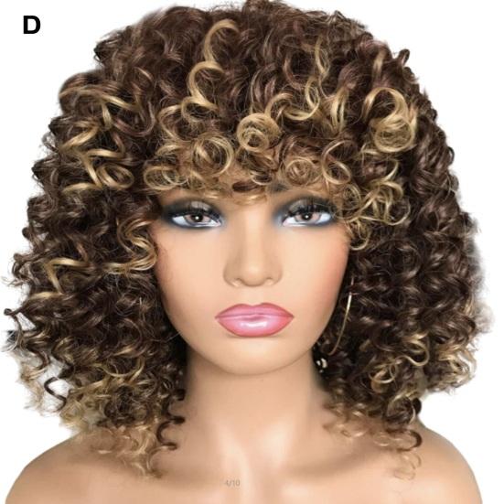 African Women Short Kinky Curly Wigs Silk Hair Natural Look with Bangs High Temperature Wigs Long-Lasting Wear