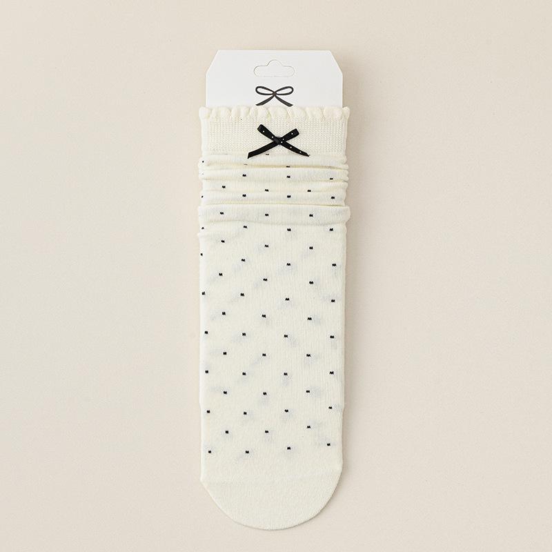 Женские носки до середины икры, бесшовные хлопковые носки на весну и осень, длинные носки с кружевом и бантом в горошек, универсальные носки в горошек, махровые носки