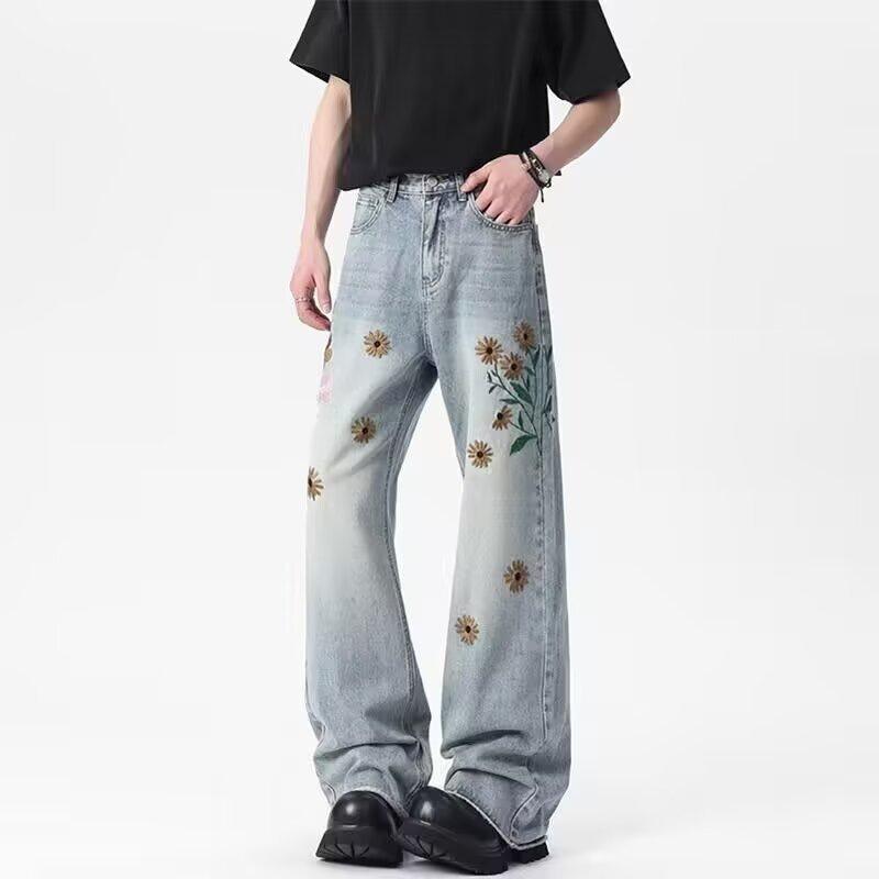 Spring American retro flower embroidery straight jeans men's design sense thin wide-leg pants