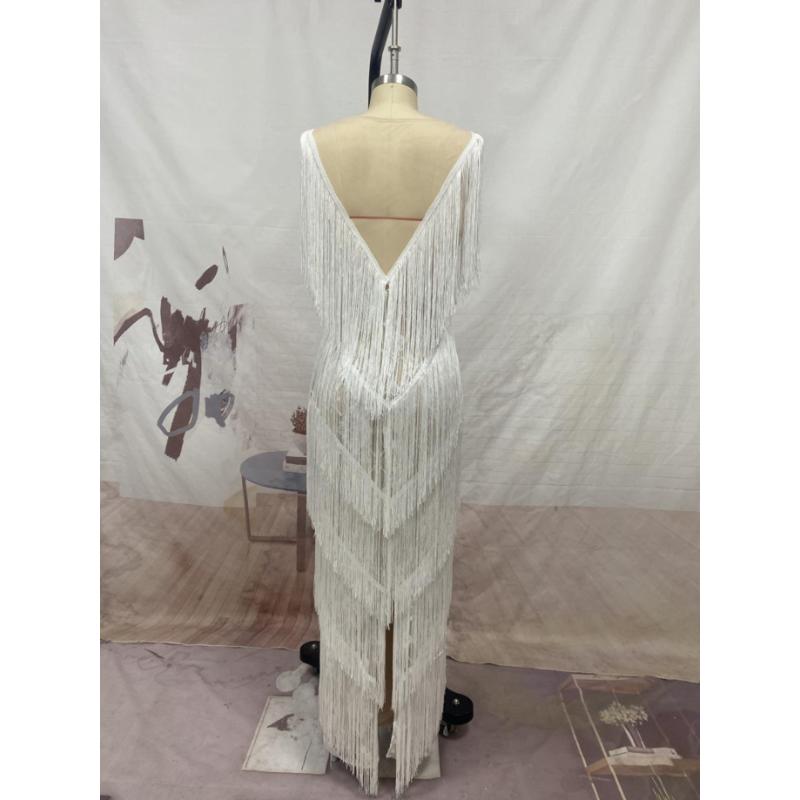 Women Elegant V Neck Sleeveless Lace Tassel Bridal Maxi Long Dress Host Wedding Bride Bridesmaids Party Gowns