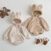 Autumn & Winter Baby Romper: Cute Bear Design with Hood, Double-Sided Velvet, Warm & Cozy for Crawling.