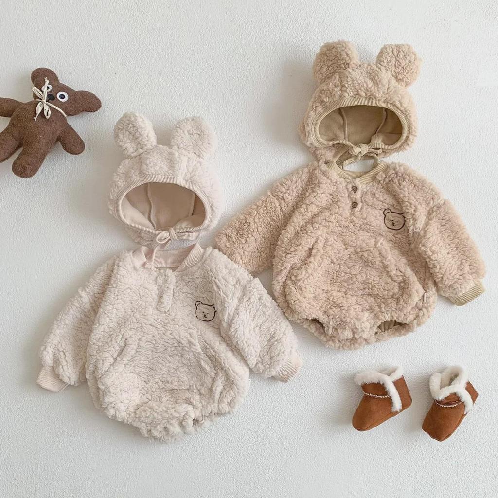 Autumn & Winter Baby Romper: Cute Bear Design with Hood, Double-Sided Velvet, Warm & Cozy for Crawling.