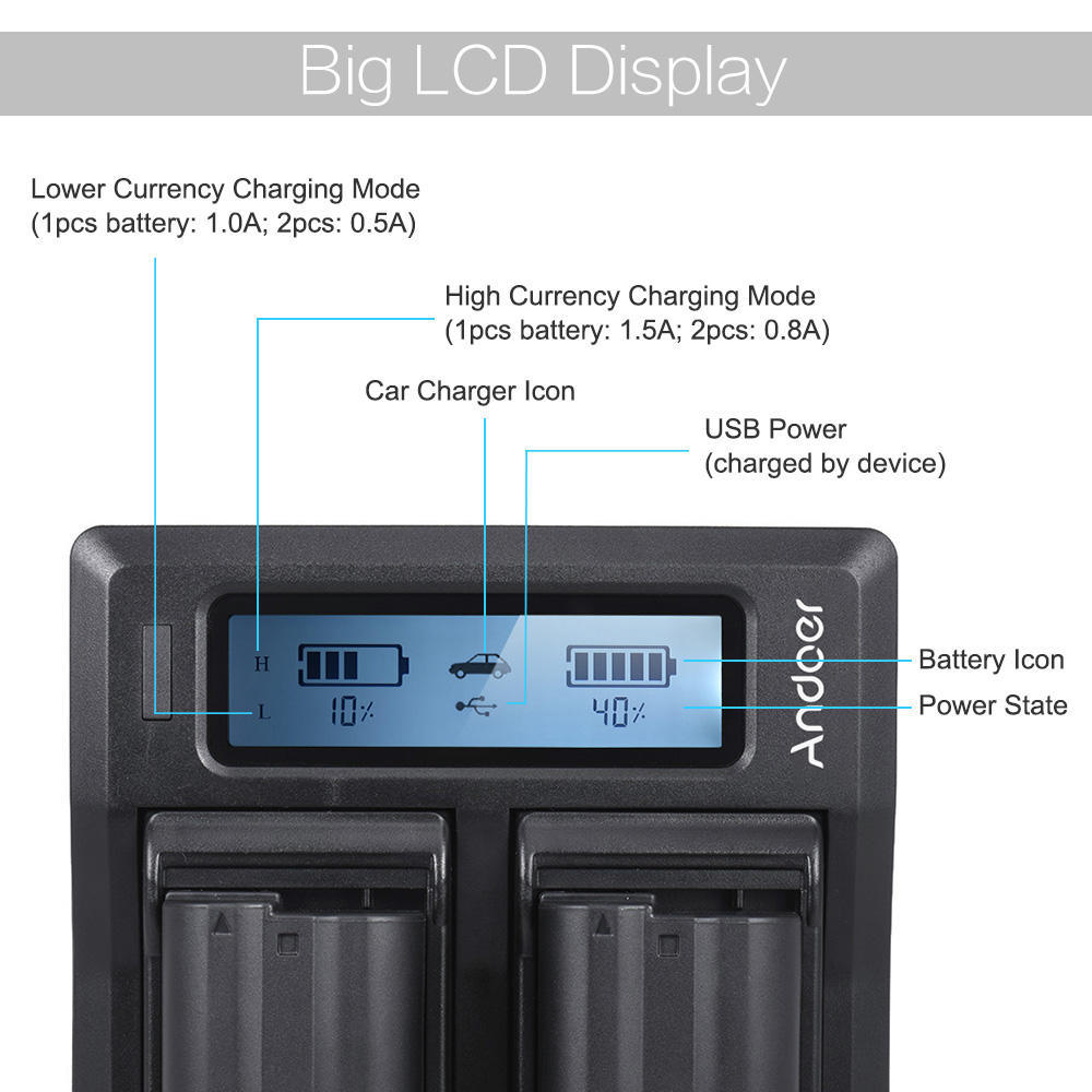 Andoer Двухканальное зарядное устройство для цифровой фотокамеры EN-EL15 со сменным ЖК-дисплеем для Nikon
