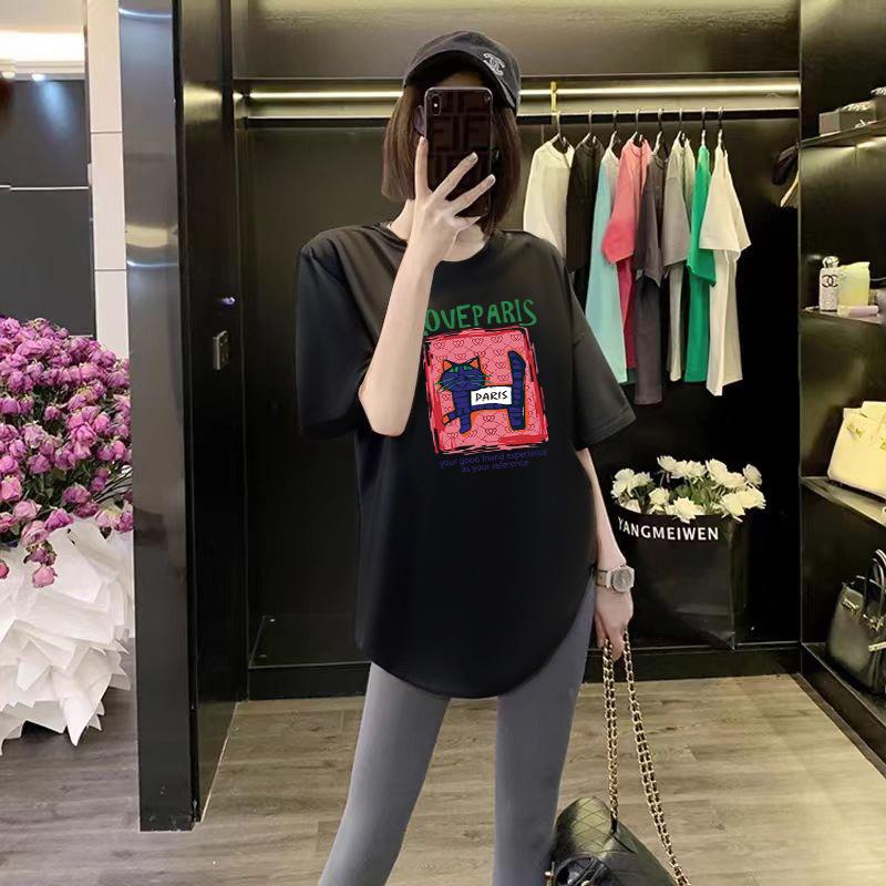 Summer New Niche Black Mid-length Curved T-shirt Women's Loose Top Cartoon Printed Short-sleeved Early Spring