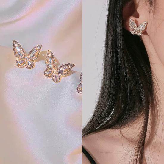 1 Pair Ear Studs Butterfly Shape Rhinestone Faux Crystal Decor Hollow Anti-rust Anti-allergy Lightweight Ear Decoration Jewelry Lady Prom