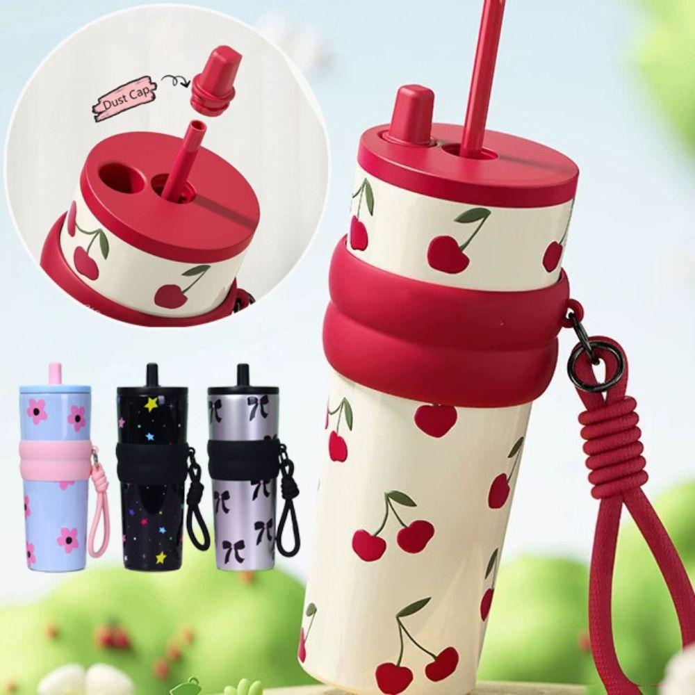 710ML Stainless Steel Cup Bow Cherry Flower Print Insulated Cup High-capacity Cup Boys and Girls
