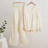Women Suits Sets CottonV-neck Knit Sweater Solid-Color Pants Thickened Sweater Top Longs Pants Two-piece Oversize 2PC Suit