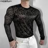 Men Round Neck Long Sleeve Mesh Skinny Tops See Through T-shirts Undershirts