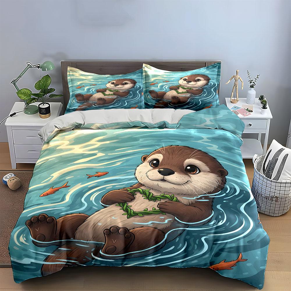 Cute Otter Floating with Heart Bedding Duvet Cover Set (1*Duvet Cover 2*Pillowcases, without duvet insert)