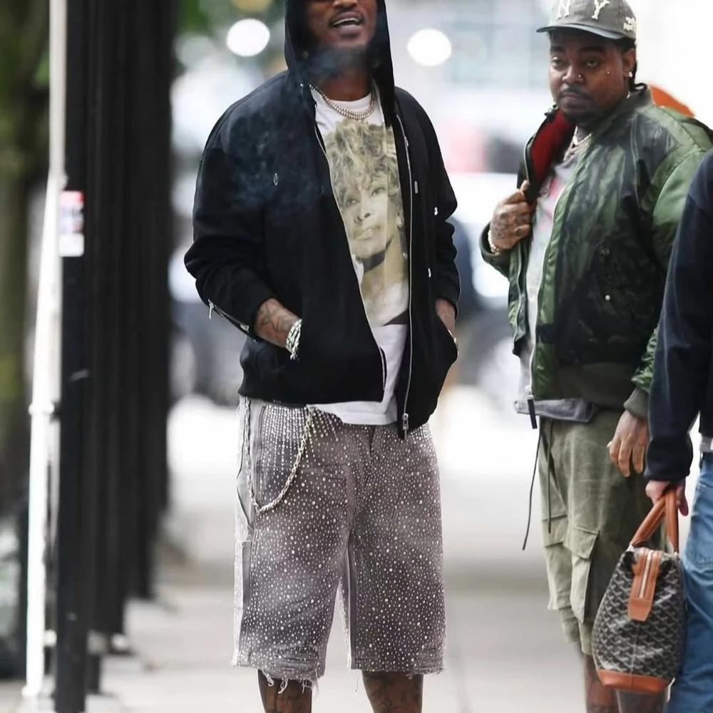 RogueWave Streetwear Мешковатые джинсовые шорты для мужчин с принтом из страз, рваные, выстиранные, короткие, повседневные, свободные, из денима, пятиточечные