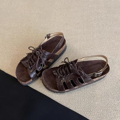 Версия из овчины~ Новые кожаные римские сандалии на шнуровке с ажурным узором для женщин, носить в стиле ретро, с круглым носком, универсальные, на толстой подошве, пляжные сандалии