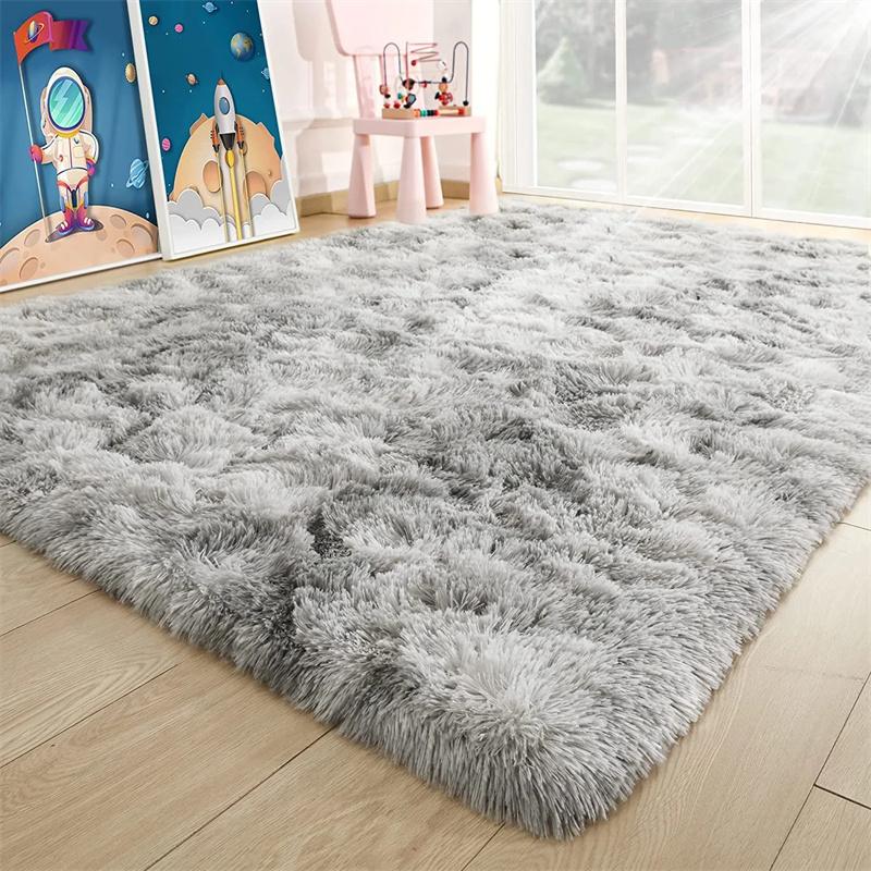 Rainbow Fluffy Carpet Tie-dye Plush Rug Gradient Silk Wool Bedside Rug Non-Slip Mat Soft Plush Area Carpet Room Decoration