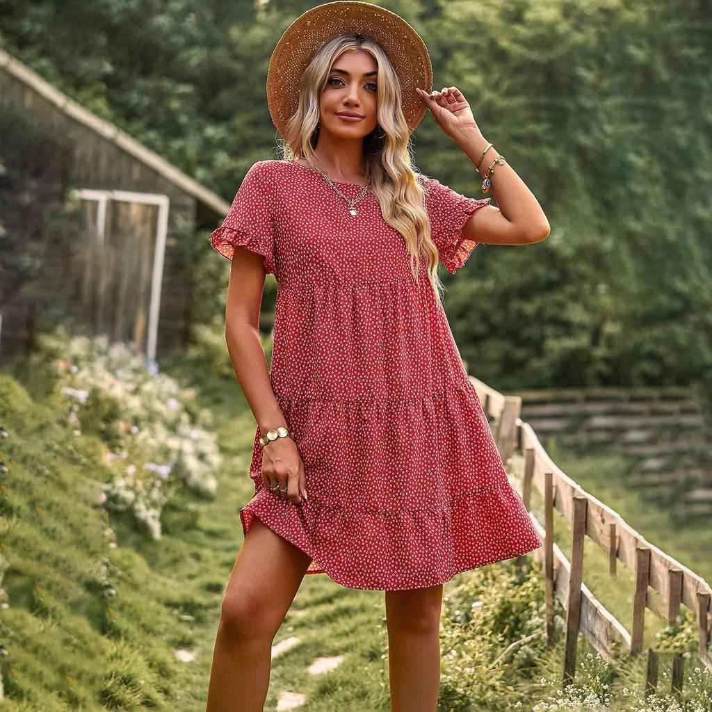 Spring Summer O Neck Short Sleeve Temperament Pastoral A Line Print Dresse