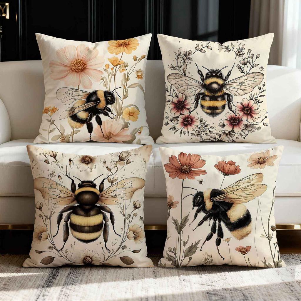 Cute Bee And Flower Pattern Digital Printing Pillow Cover Short Plush Suitable Living Rooms Bedrooms Sofas Throw Cushion Cover