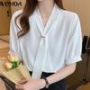 Летние женские повседневные офисные блузки с коротким рукавом и V-образным вырезом