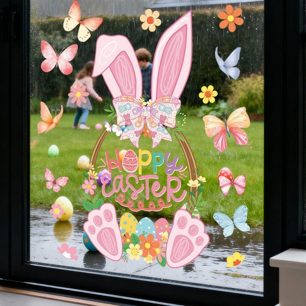 Pink Rabbit Basket Electrostatic Stickers Rabbit Bunny Wall Decal Happy Easter Party