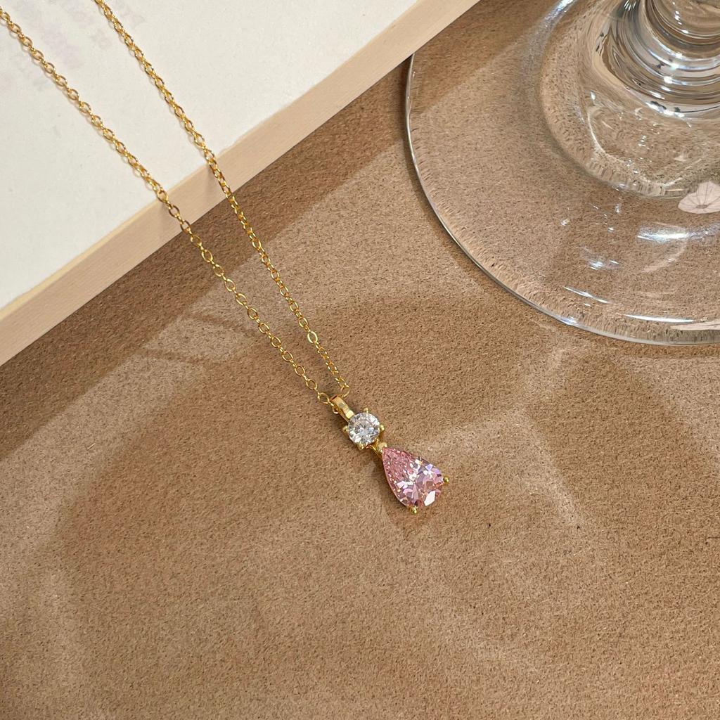 Minimalist Korean Sweet Pink Water Drop Necklace Minimally Exquisite Sparkling Clavicular Chain for Women