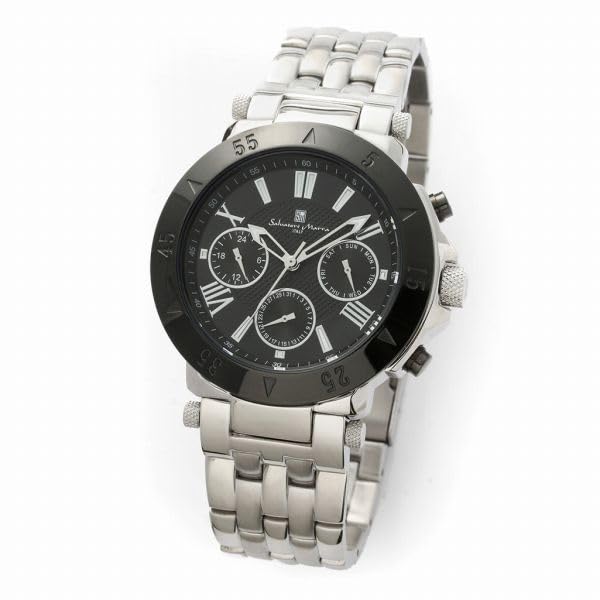 Salvatore Marra Metal Watch SM22108-SSBK Day & Date Display 10 ATM Water Resistant Silver Stainless Steel Band