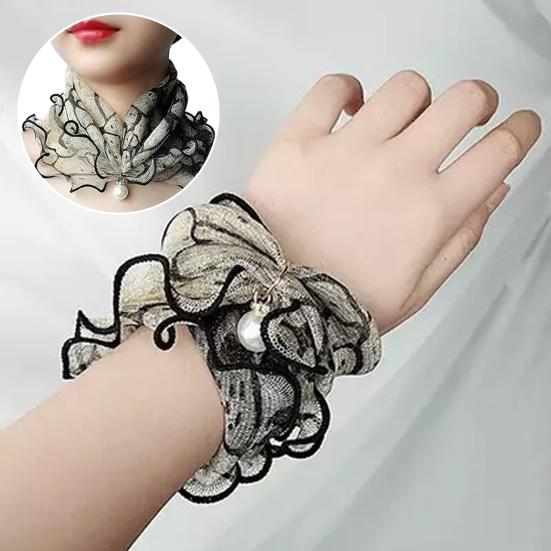 2Pcs Women Faux Silk Scarf Printing Faux Pearl Decor Lace Trim Lightweight Scarf Hand Strap Accessory