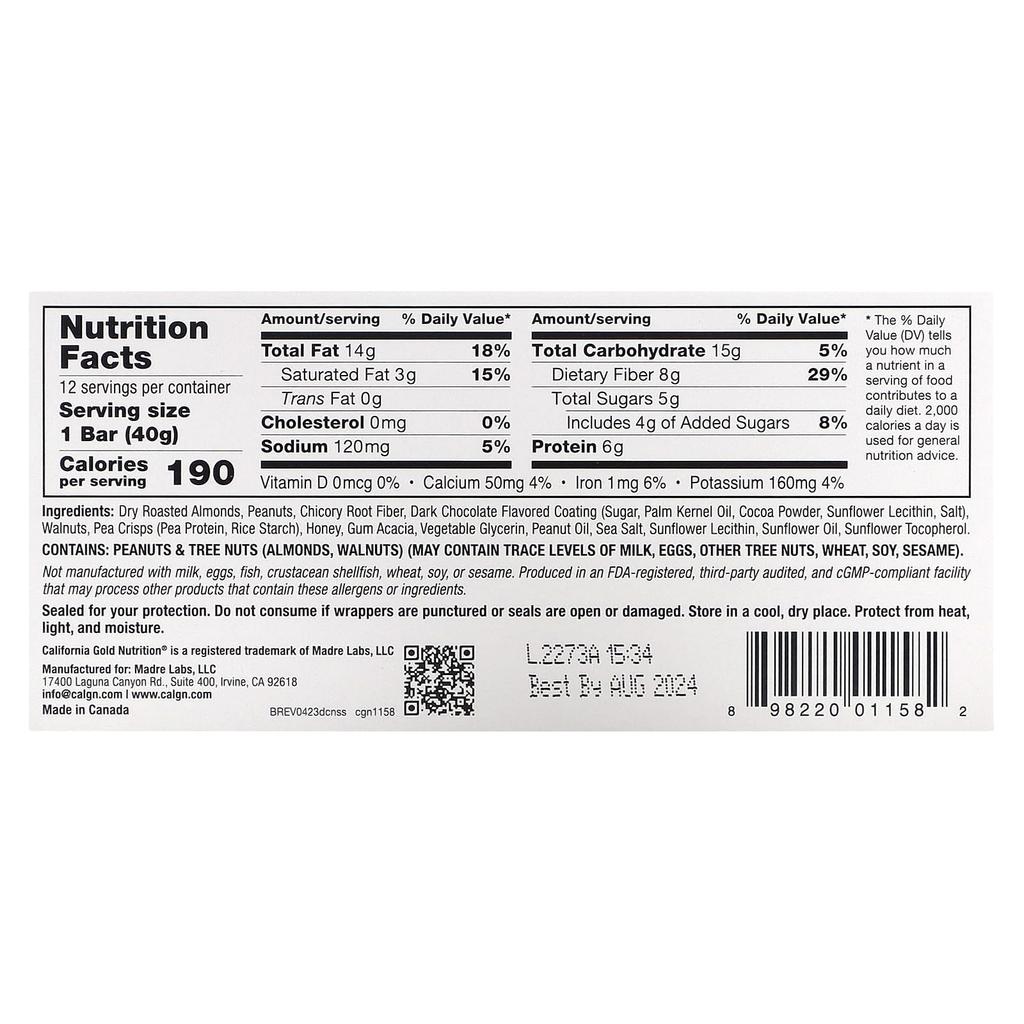 California Gold Nutrition Food, Dark Chocolate, Nuts & Sea Salt Snack Bars, 12 Bars, 1.4 Oz (40 G) Each