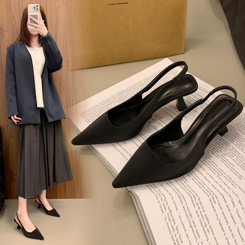 Черные туфли на высоком каблуке женские весенние новые маленькие французские одинарные туфли с юбкой остроносые босоножки-стилет