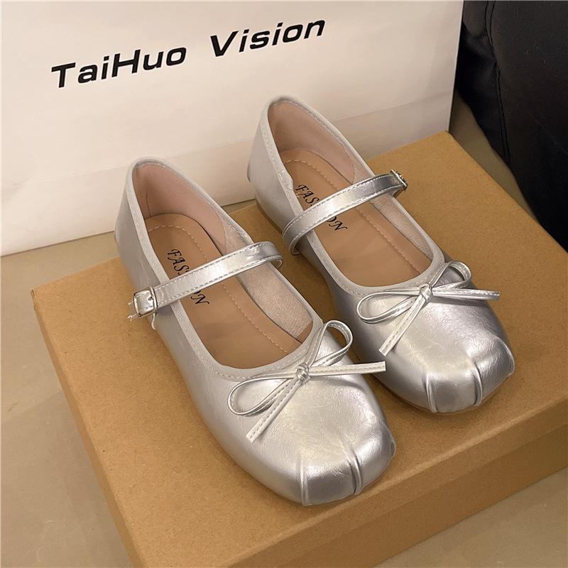Фея ветер нежный с юбкой балетные туфли женские лето 2025 новые серебристые мягкие плоские слипоны туфли-бини