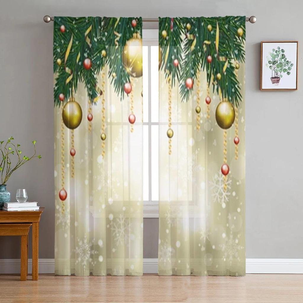 Рождественские сосновые иголки, снежинки, деревянная тюль-занавеска для гостиной, спальни, Рождественский декор, оконная вуаль, тюлевая занавеска