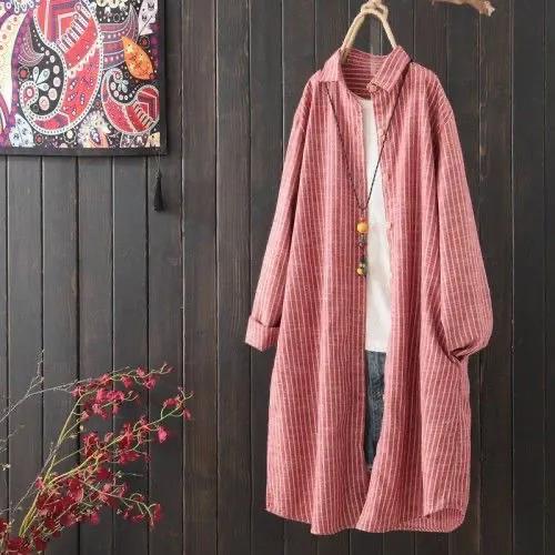 Женская блузка, свободная рубашка из хлопка и льна, женское длинное пальто, рубашка